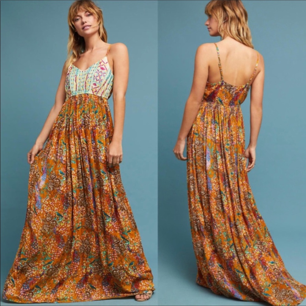 Anthropologie Raga Parkland Embroidered Bodice Bird Print Maxi Dress S